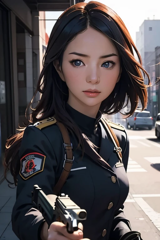 survival game、Black combat uniform、survival gameのフィールド、A beautiful girl is holding a pistol、head to waste、