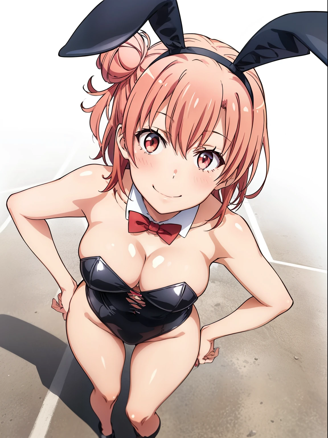 ((masutepiece, Best Quality, hight resolution, nffsw, Perfect Pixel, depth of fields, 4K, )), 1girl in, Solo, , Beautiful anime girl, Beautiful Art Style, close up, Looking at Viewer, Perfect body, Yuigahama Yui, Short hair, pink hair, hairbun, (large boob), Full face blush, Smile, thighs thighs thighs thighs, blank white background, black playboy bunny, red bowtie, Looking up at viewer , hands on hips, shot from above, Focus,