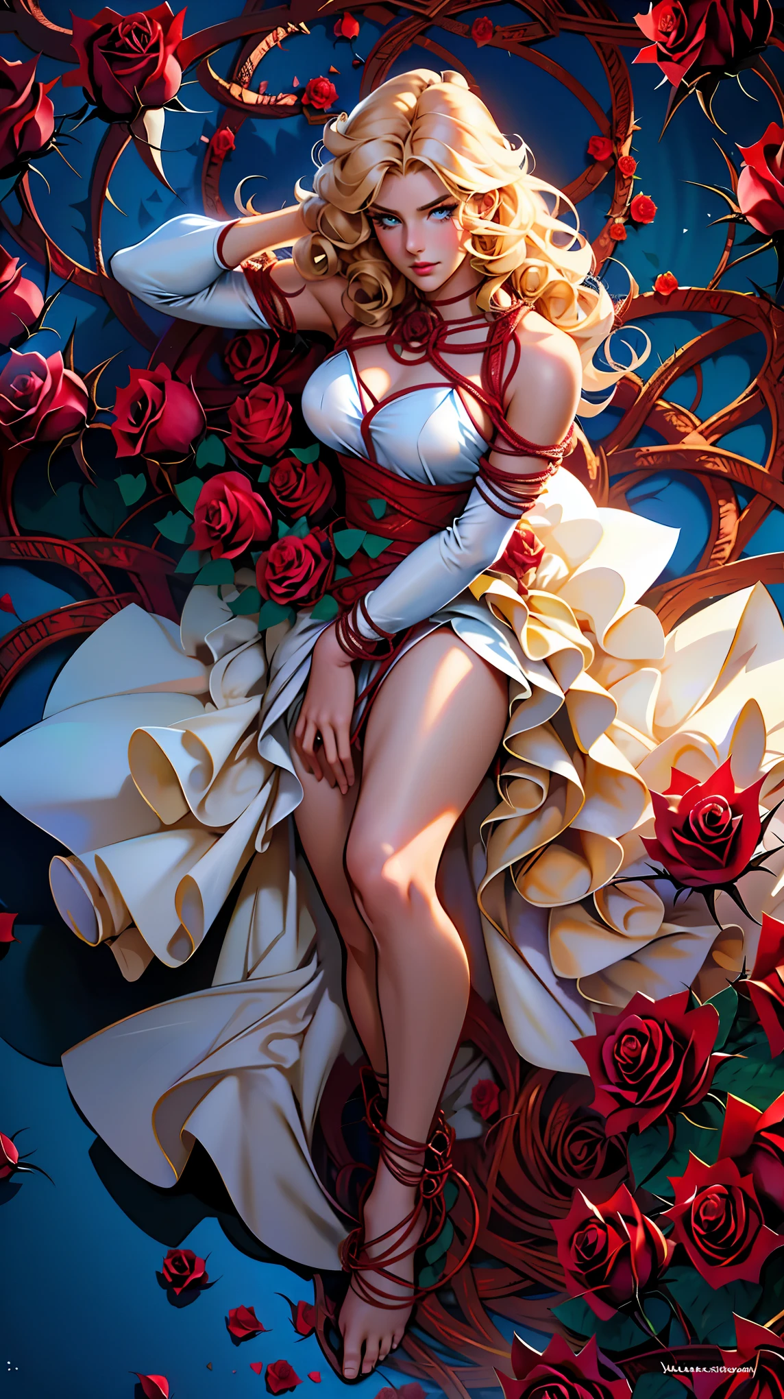 ((Masterpiece, highest quality;1.3)), super quality, beautiful detail, super detailed, extra fine, 16K, exquisite, absurd, high resolution, beautiful background, detailed background, beautiful eyes, beautiful skin, anime style, 1 girl, solo, ((From above:1.4)), (dutch angle:1.5), The Rose of Versailles, Oscar François de Jarjayes, ((Woman's whole body:1.5)), ((Completely naked:1.5)), (((One arm covering her nipple:1.5))), fleeting look into space, Blue eyes, ((Long eyelashes:0.8, Yellow eyebrows:1.1)), Glossy lips, (Dignified female features:0.8), Soft female face, Very long blonde hair, Hair blowing in the wind, Medium breasts, Muscular slender body, Flexible body, ((((Countless rose thorns are entangled from the feet to the body:1.5)))), Captivating, Sensual, Sexy pose, Inspired by Le Chevalier, Pixiv, (Rose petal storm, Garden of Thorns), giovanna's day, sengoku period art style, resolution, masterpiece, cinematic lighting, chiaroscuro, sunset lighting, deep shadows, backlighting, deep focus, sharp focus, high resolution details, (lustrous hair details, Beautiful breasts details, moisturized skin details, beautiful face details, Details of the rose, details of the thorns), Perfect Anatomy, alucard, land of roses, shigenori soejima illustration, r0s3dr3ss, pink wedding dress, frills, pink roses, fluffy dress,