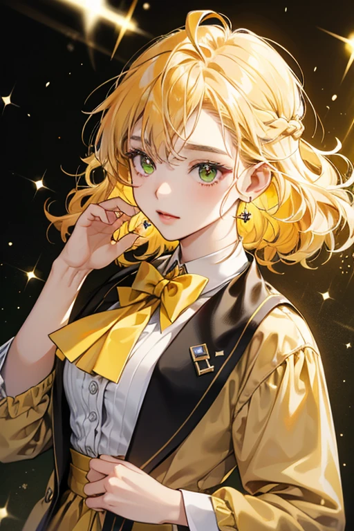 Harisen wears a light brown suit with a yellow bowtie and and four yellow buttons. Her head is pear-shaped and her face is a light cream color. sHe has curly yellow hair on the top of her head which sticks up, a green beak, and black circular eyes. SPARKLE; GLITTER