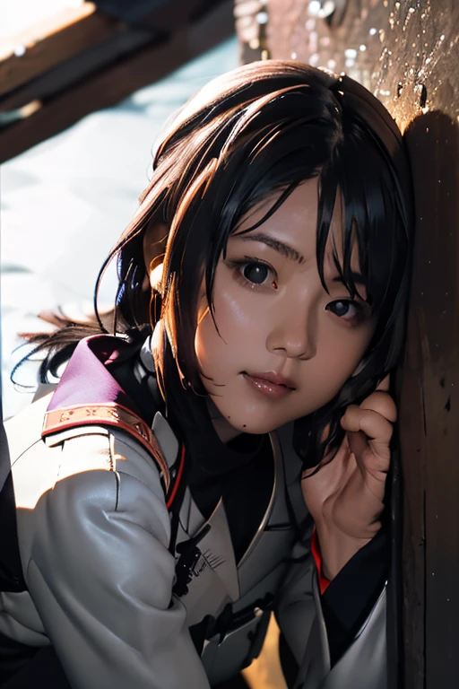 survival game、Black combat uniform、survival gameのフィールド、A beautiful girl is holding a pistol、head to waste、