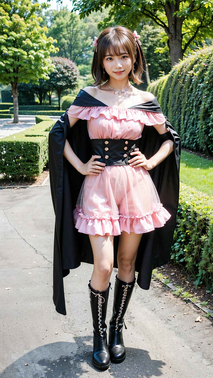 (8k、RAW Photos、highest quality、masterpiece:1.2)、(Realistic、Realistic)、1 girl、((mini skirt、Large Breasts、Pink and black、Cape、Frills、Off the shoulder、See-through、boots、Arm Covers、ribbon、smile、garden、View from the front、smile、Are standing))、