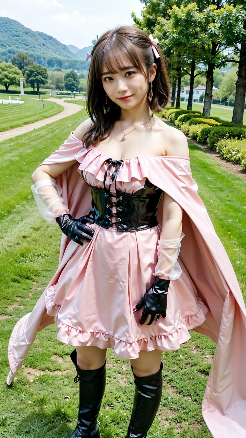 (8k、RAW Photos、highest quality、masterpiece:1.2)、(Realistic、Realistic)、1 girl、((mini skirt、Large Breasts、Pink and black、Cape、Frills、Off the shoulder、See-through、boots、Arm Covers、ribbon、smile、garden、View from the front、smile、Standing with hands on hips))、