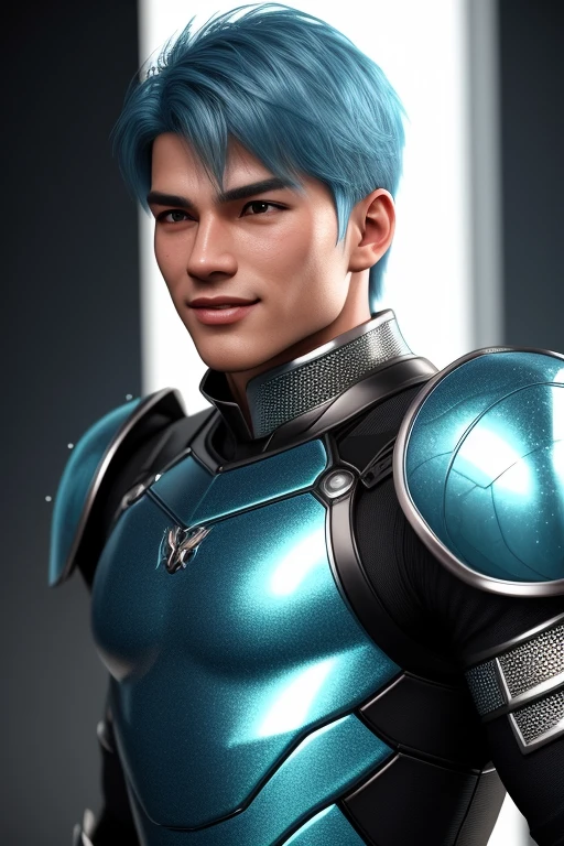  3d HDR  photorealistic ultra realism high definition aesthetic stabilized diffusion picture of handsome hunky Warrior Mercury , cyan hair , light blue sapphire transparent sparkling shiny crystal glass chrome outfit armor,,look at camera, detailed facial parts,, studio as background, Freestyle Pose, Happy Expression, perfect anatomy, symmetric body,, 18 years old,  :: high detail, a lean athletic body, realistic, human skin, extremely detailed fingers,  chad chin,, masculine, human skin, (eyes contact), gorgeous, Attractiveness