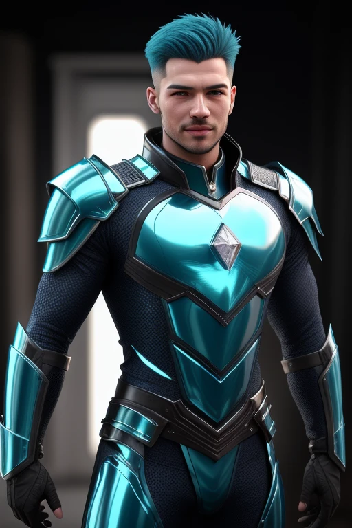 3d HDR photorealistic ultra realism high definition aesthetic stabilized diffusion picture of handsome hunky Warrior Mercury , cyan hair , light blue sapphire transparent sparkling shiny crystal glass chrome outfit armor,,look at camera, detailed facial parts,, studio as background, Freestyle Pose, Happy Expression, perfect anatomy, symmetric body,, 18 years old, :: high detail, a lean athletic body, realistic, human skin, extremely detailed fingers, chad chin,, masculine, human skin, (eyes contact), gorgeous, Attractiveness