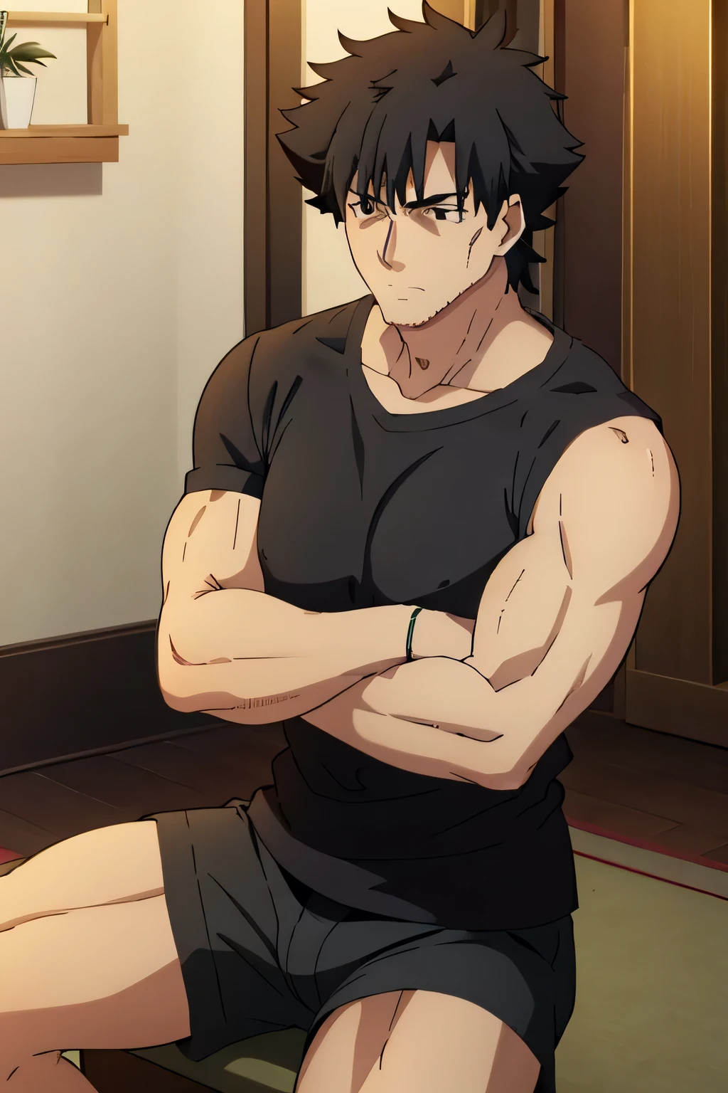 Kiritsugu is sitting and flexing his biceps and abs. He wears black short boxershorts. You can see his thighs. He looks annoyed. He has bulging veins on his arms. He wears a black tshirt with short sleeves. His right sleeve is completely rolled up so you can see his entire arm and shoulder. He is showing his abs too.