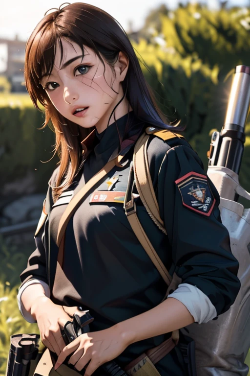 survival game、Black combat uniform、survival gameのフィールド、A beautiful girl is holding a pistol、head to waste、