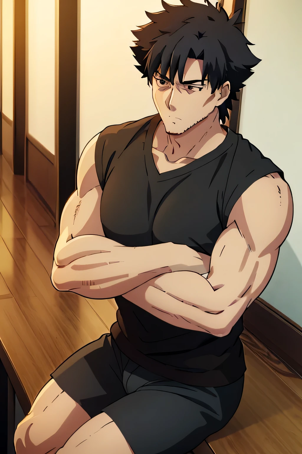 Kiritsugu is sitting and flexing his biceps and abs. He wears black short boxershorts. You can see his thighs. He looks annoyed. He has bulging veins on his arms. He wears a black tshirt with short sleeves. His right sleeve is completely rolled up so you can see his entire arm and shoulder. He is showing his abs too.