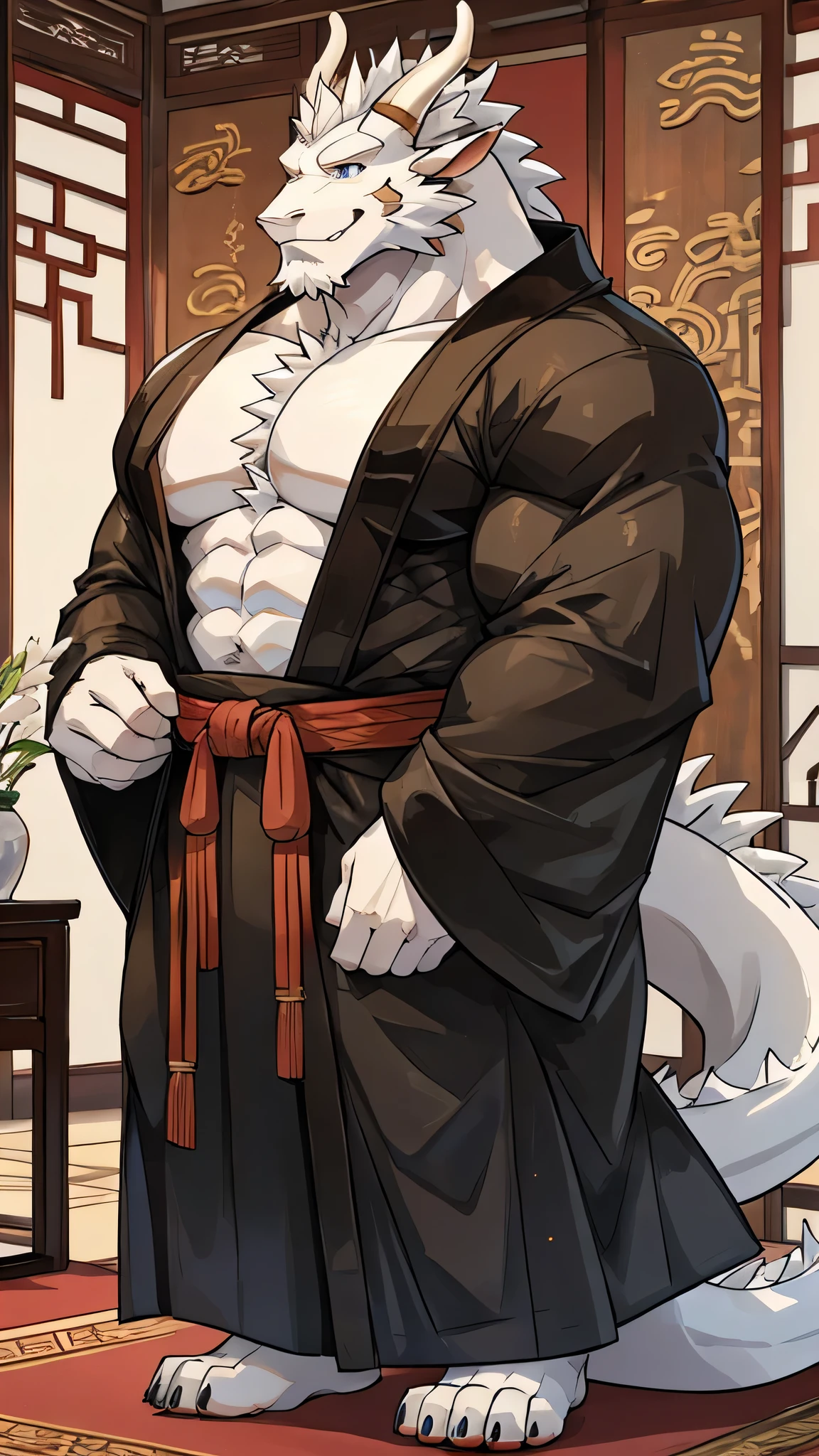 (white eastern dragon),furry,full_shot,white mustache,big pecs,hearty males,muscular,black imperial robe,naked,adult,traditional_chinese_room,