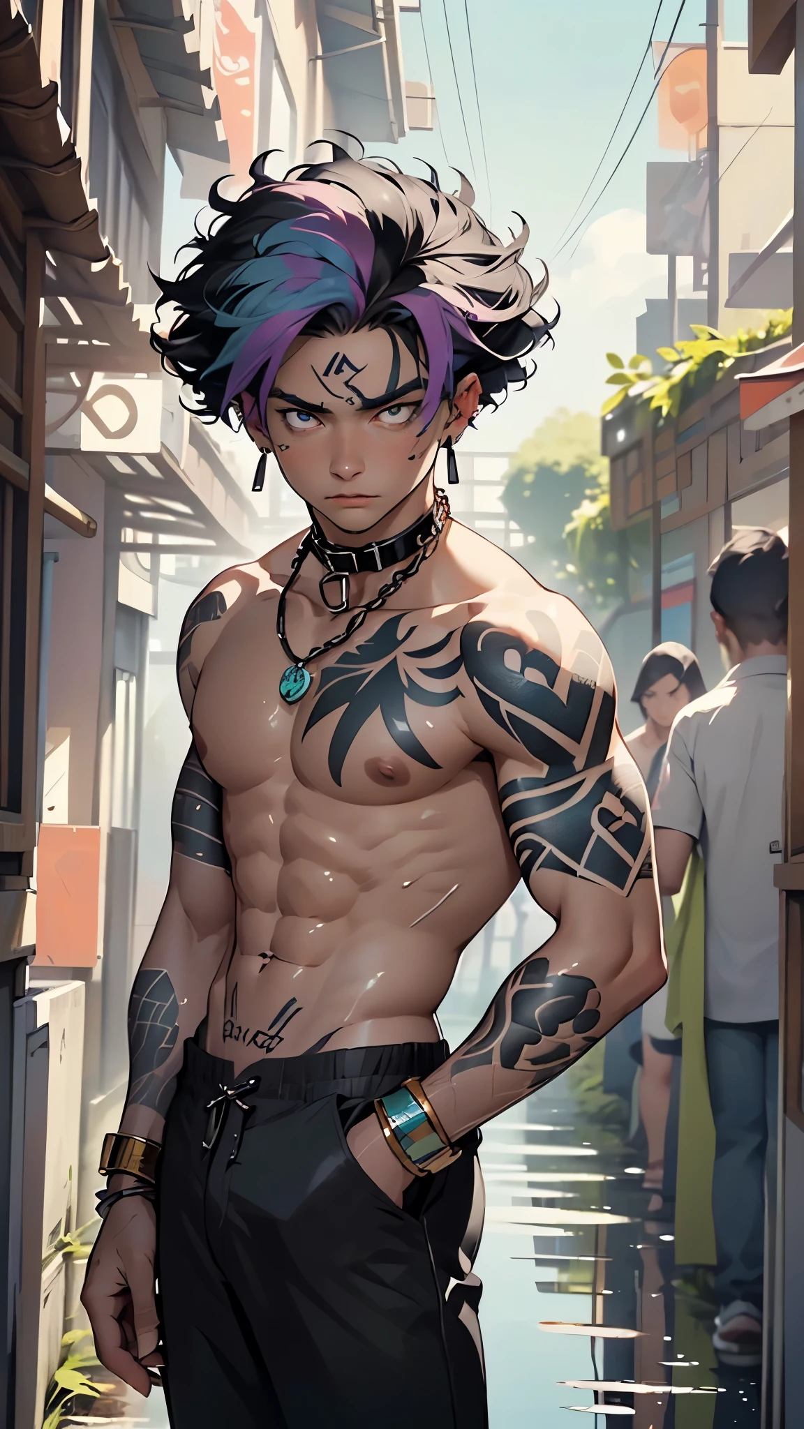 (male) of ancient Egypt,Egyptian (Sexy Haitian egyptian boy),((((1male,1 male, 1man, 1 man:1.5,man,male,male gender:1.5)))),((((young man,22 year old man,young)))),macho man,((((black race)))),

(((black Afro:1.5, rainbow hair:1.5))),(((eyes golden:1.3))),intricate eyes,beautiful detailed eyes,symmetrical eyes,(ultra-detailed black eyes:1.1,symmetrical eyes:1),man chest,(((dark skin lustrous skin:1.5,tanned skin,bright skin: 1.5,skin tanned,shiny skin,very shiny skin,shiny body))),perfect face,flat chest,slim figure,(((detailed face))),

((wicked man,dark character,corruption)),opulent,sumptuous,

(((tons of tattoos and piercings))),((((bare chest,naked torso)))),(barefoot,),(((slave,slave collar,Long chain leash connected to her collar,shackles,tribal pants,bulge in pants))),((tattoos and markings:1.5)),((torn clothes,wet clothing,intricate outfit)),

dynamic pose,looking at viewer,angry ,centered,scale to fit dimensions,Rule of thirds,

outdoors,(((ancient roman slave market))),(ancient slave market background),with dark stormy clouds,scenery:1.25,intricate scenery,extremely scenery,(puddles everywhere,moss,moss on the background),clouds,dungeon wall,

(Glossy Egyptian ornaments),highres,sharp focus,(ultra detailed,extremely detailed),(photorealistic artwork:1.37),(extremely detailed CG unity 8k wallpaper),(((vibrant colors,vibrant theme))),(intricate),(masterpiece),(best quality),artistic photography,(photography taken by sldr),(intricate background),perfect rendered face,perfect face details,realistic face,photo realistic,((intricate detail)),(((realism))),
