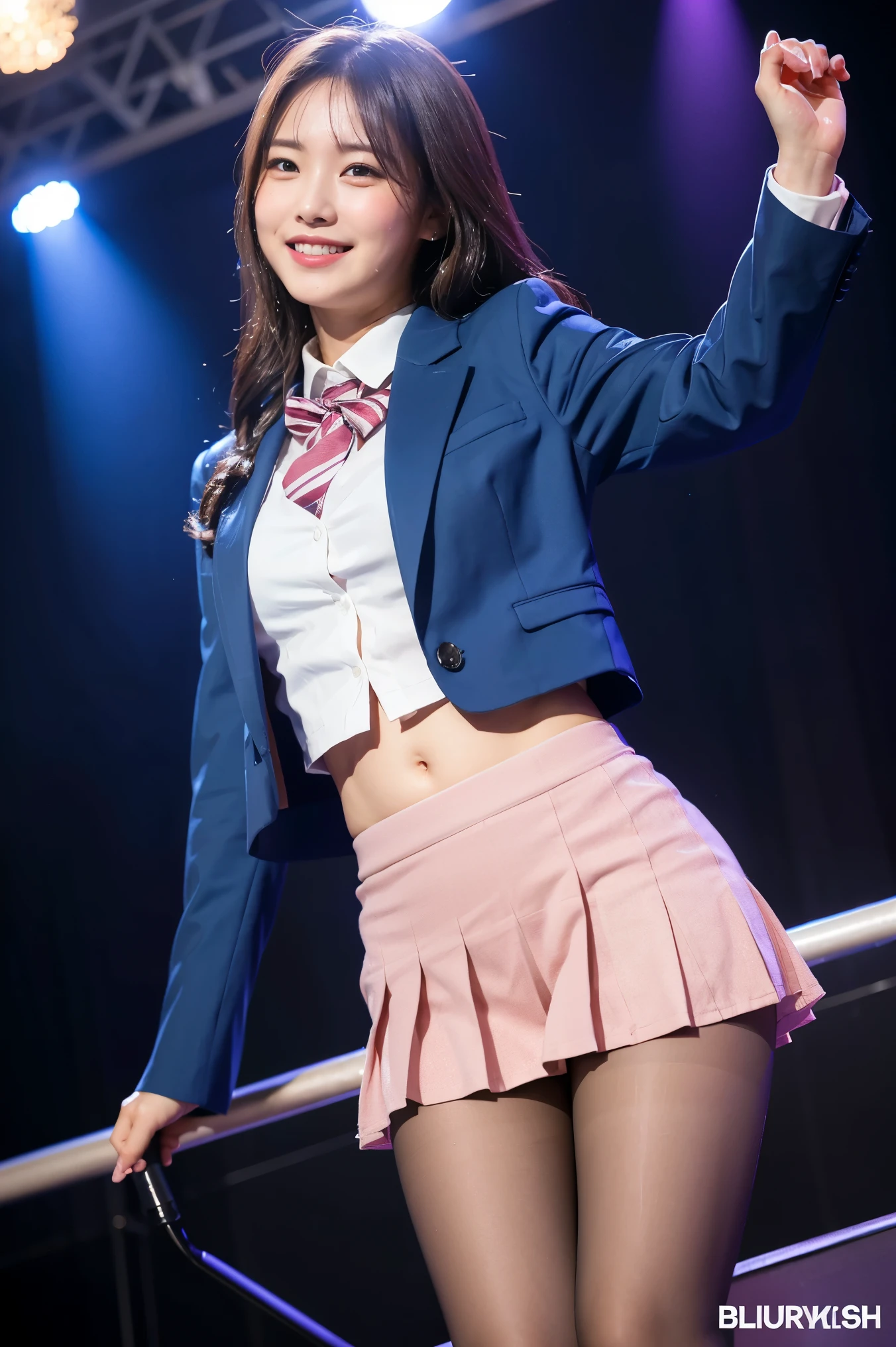 (8k), (highest quality: 1.2), (Realistic), (Realistic: 1.37), Ultra-high resolution, 1 girl, cute, (Embarrassed smile:1.2), (Blushing:1.4)Mouth closed, Beautiful details, Beautiful Nose, Wet Hair, Giant Dulcefo, pork, Thighs,Navel exposed,University Student Uniform,A simple blazer,Pleated skirt,Platform boots,Dancing on the school stage,(Shiny Thighs:1.2),Medium Shot,Thick thighs,Super Low Angle, blue pantyhose