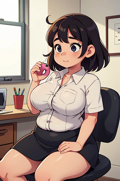 Solo, female, office worker, fat, chubby, belly, thick thighs, dress shirt, tight black skirt, upper body, office, sitting at desk, donuts