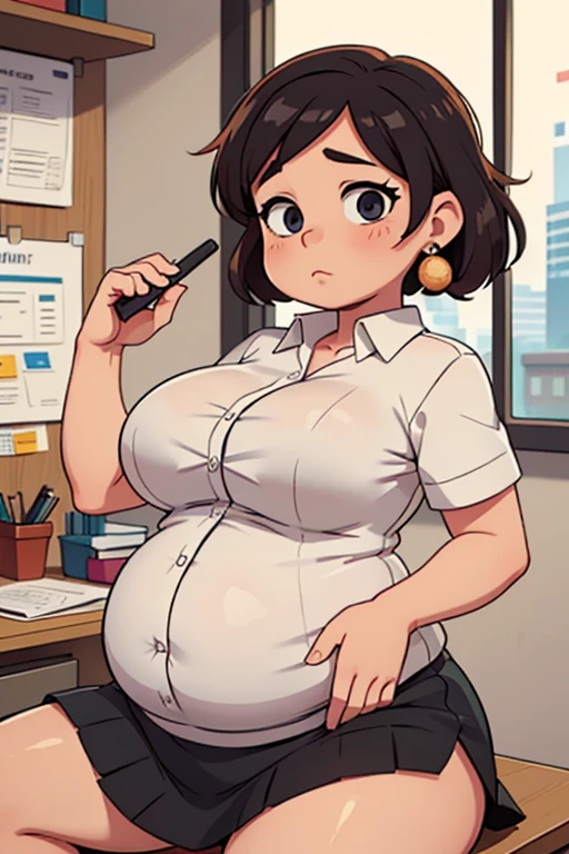 art by kipteitei, 1girl, nobarajk, thicc, round jiggly belly, bigger thighs, bigger breasts ,bigger boobs , work clothes, hips high skirt, white shirt, glasses,, chubby (best quality, masterpiece)