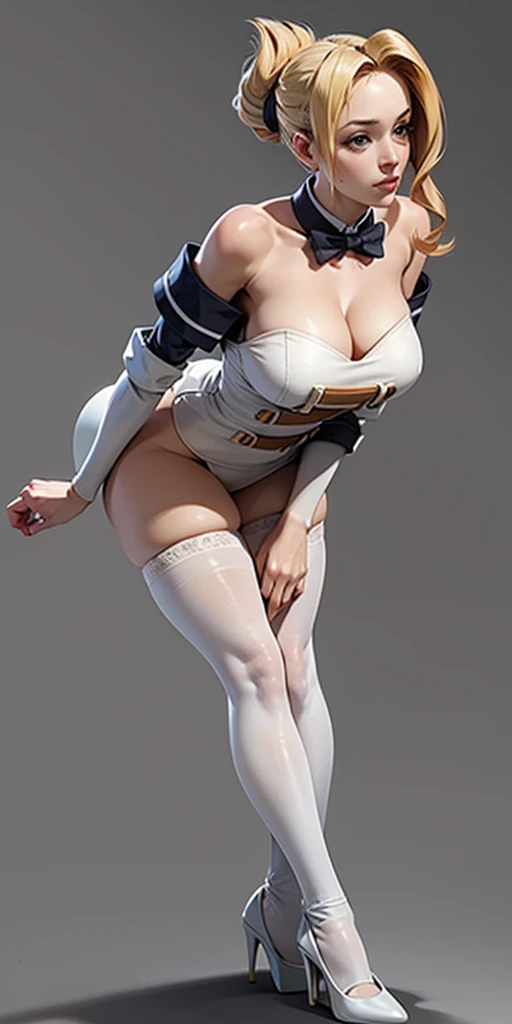 (Masterpiece, plain background:1.2) 1sologirl standing straightforward symmetrical wearing only whitish heels, luna from konosuba, long blonde_hair, white stockings and sleeves bending over pose