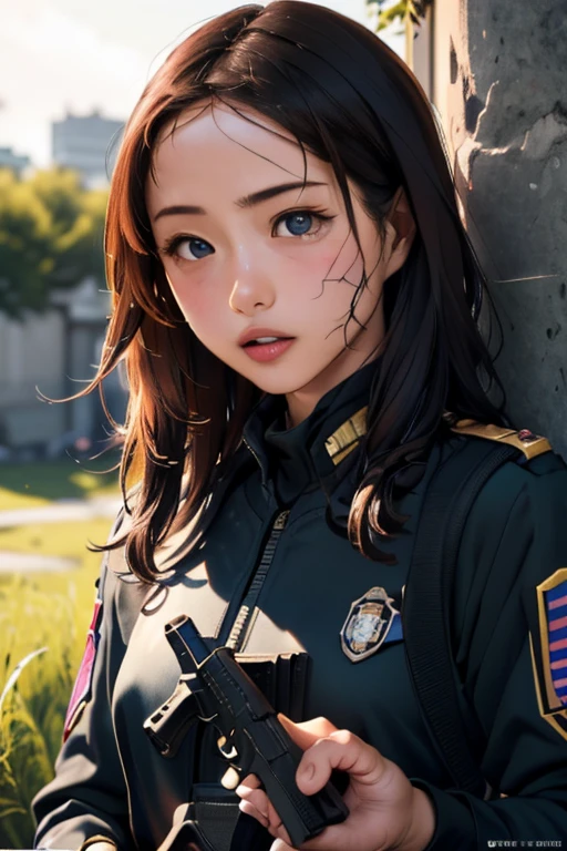 survival game、Black combat uniform、survival gameのフィールド、A beautiful girl is holding a pistol、head to waste、
