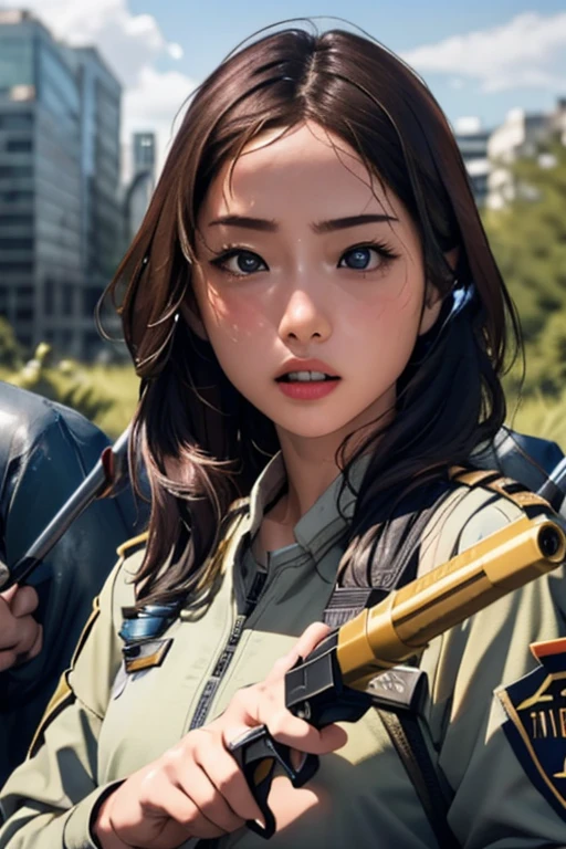 survival game、Black combat uniform、survival gameのフィールド、A beautiful girl is holding a pistol、head to waste、