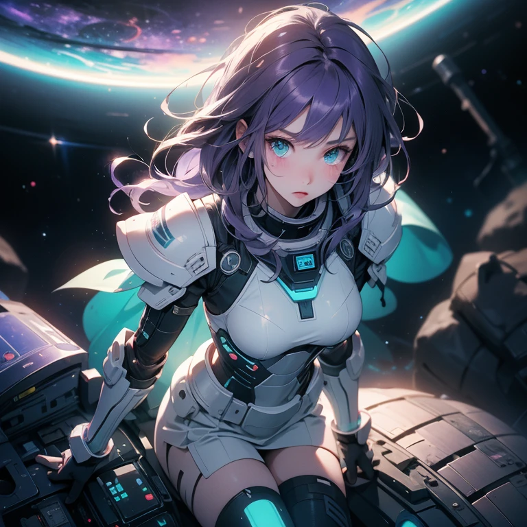 masterpiece, best quality, anime girl in tight hightech cyberpunk space suit, few armor parts in shoulder, arms, legs, no helmet, medium purple hair, teal eyes, view from above, space full of stars, planet, moon, and other space effects background, light aura, some fog, light effects.