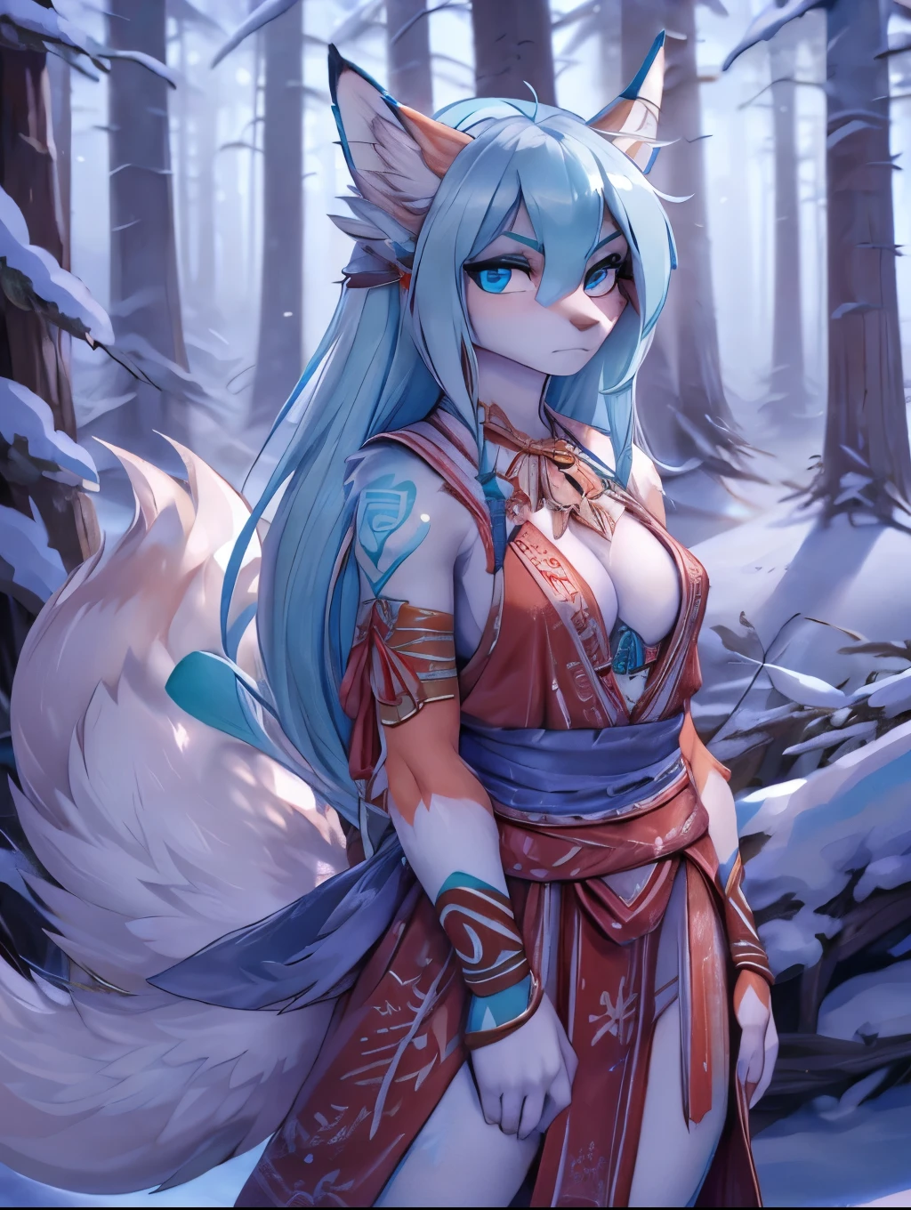 La mejor definicion 4k, Miku hatsune, alta definicion, white body, snow foxy, white hair,orejas de kitsune, tribal tatoo, arabian clothes, cute girl, 18 years old girl, virgin, blackforest land scspe, archery girl, intense blue eyes((high definition)