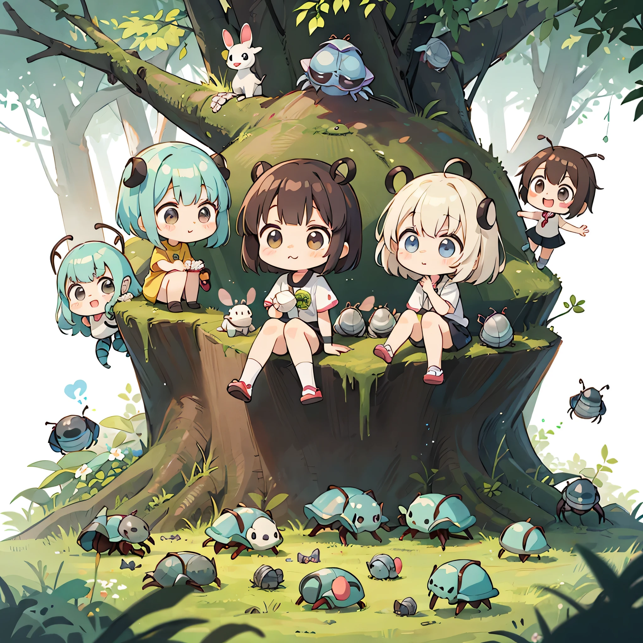 Watase Seizo style, Kawaii Design, (((10 people)))、most beautiful girl ever、Chibi, Colorful bob hair、((Lots of friends))、(((Cute pillbug)))、Totoro Forest