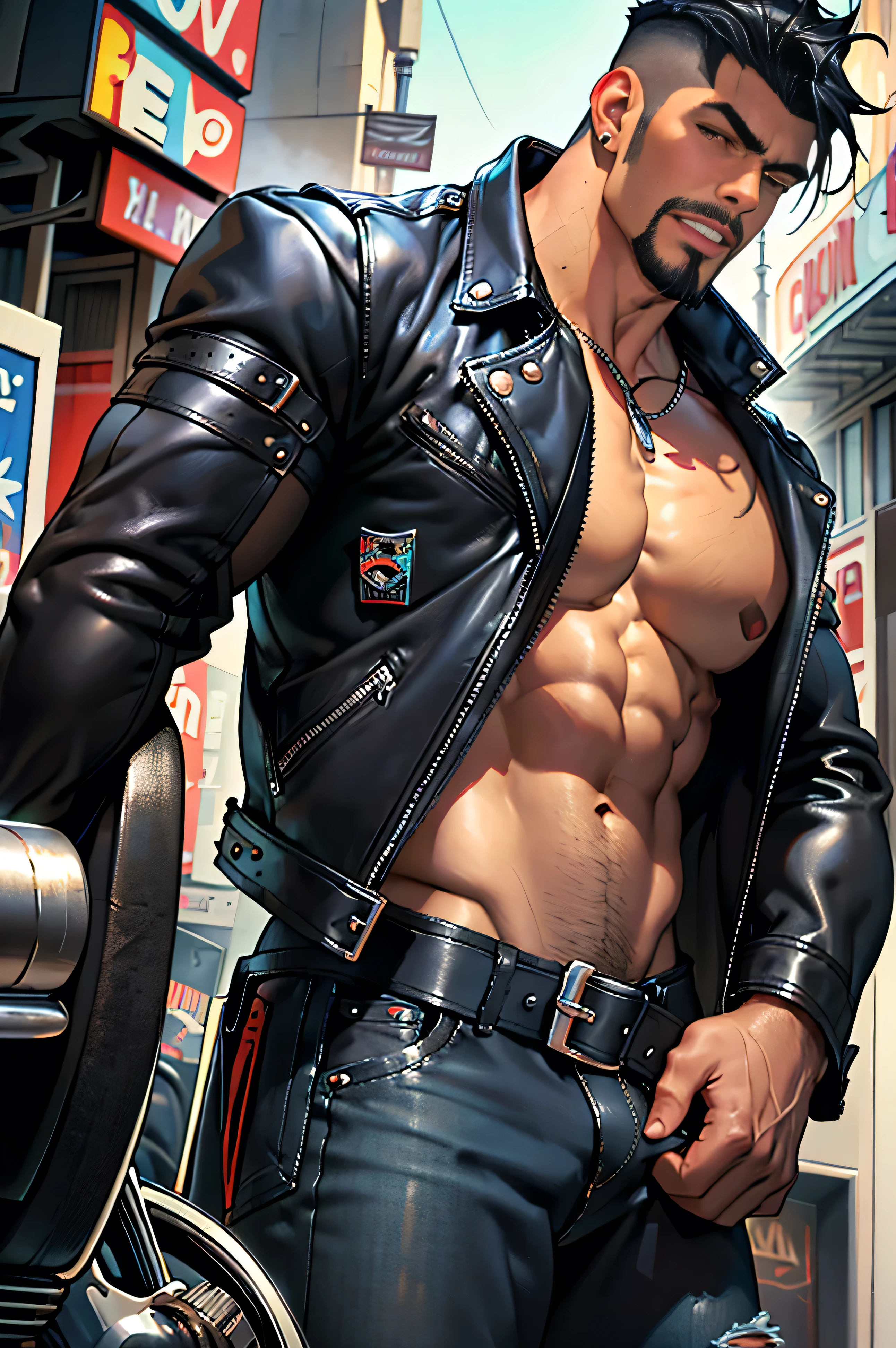 Man Biker, muscular, big chest, veins popping out, black hair shaved on the sides, handsome face, goatee, sexy and mischievous expression. He is wearing a leather jacket, black combat boots, ripped blue jeans, a black leather jacket with no shirt underneath. He is standing next to a black Harley Davidson motorcycle.