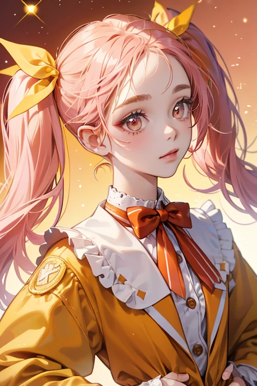 Tarai wears a yellow suit with a red bow and a pocket at the front. She has a round head, two dark orange pigtails, and a light pink face. She has black dot-like eyes, pink cheeks, and an orange beak. SPARKLE; GLITTER