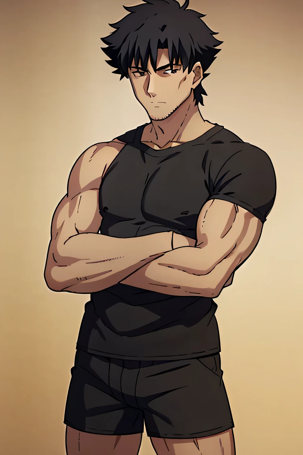 Kiritsugu is sitting and flexing his biceps and abs. He wears black short boxershorts. You can see his thighs. He is admiring his muscles. He has bulging veins on his arms. He wears a black tshirt with short sleeves. His right sleeve is completely rolled up so you can see his entire arm and shoulder. He is showing his abs too.