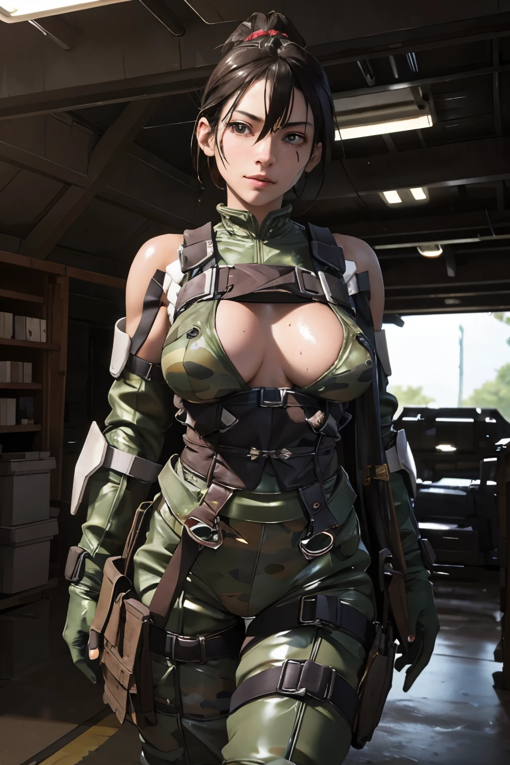 Beautiful alluring scifi soldier woman, wet oily sweaty dirty Skin, wearing skimpy scifi metal armor with camo patterns, carrying a toolcase on a belt at her waist, topless, in front of a tank on a battlefield, toned muscels, abs, Bare Skin, Athletic Well Toned Body, Elegant Form, dieselpunk, Beautiful D&D Character Portrait, Fiverr Dnd Character, Octane Render, Digital Art, Extreme Detail, 4k, Ultra Hd, Polished, Beautiful, Hyperdetailed, Intricate, Elaborate, Meticulous, Photorealistic, Sharp Focus, Wlop, Character Design, Unreal Engine, 3d Rendered, Volumetric Lighting, Reflections, Glossy, Digital Illustration,Sensual Pose, Suggestive Pose, Full Body Shot, Lewd, beautiful perky breasts, visible breasts, anatomically correct ,💖❤💕💋❣,