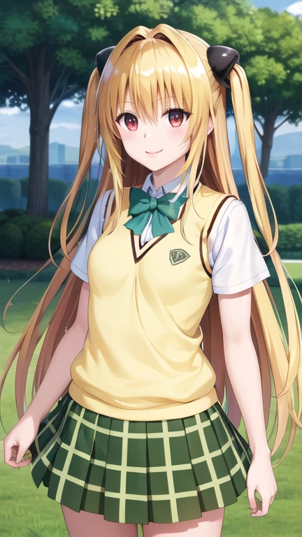 masterpiece, best quality, highres, Konjiki no Yami, very long hair, two side up, hair ornament, , green bowtie, white shirt, sweater vest, yellow vest, short sleeves, plaid skirt, green skirt, standing, cowboy shot, smile, outdoors