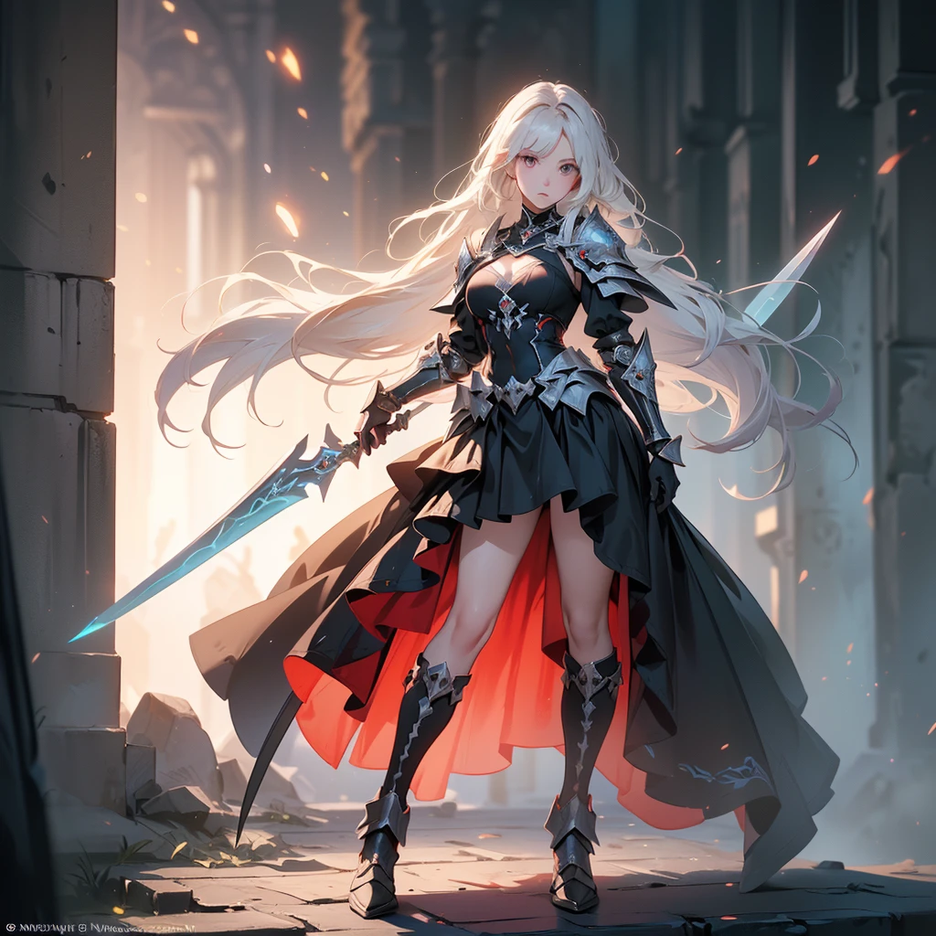 Design a layout showcase Gaming character, (1girl). Red+Black clothes, stylish and unique, ((showcase weapon:1.4)), flaming sword, (masterpiece:1.2), (best quality), 4k, ultra-detailed, (Step by step design, layout art:1.5), (luminous lighting, atmospheric lighting), demon, ((glove full hands)), (((revealing clothes:1.3))), vambraces, armored legwear, (((full_body_shot:1.4))).