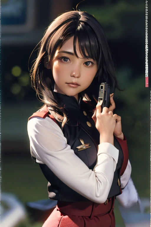 survival game、Black combat uniform、survival gameのフィールド、A beautiful girl is holding a pistol、head to waste、