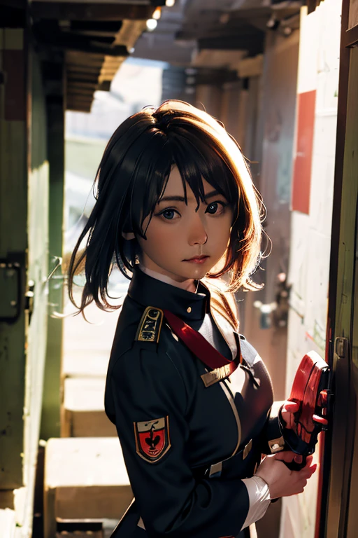 survival game、Black combat uniform、survival gameのフィールド、A beautiful girl is holding a pistol、head to waste、
