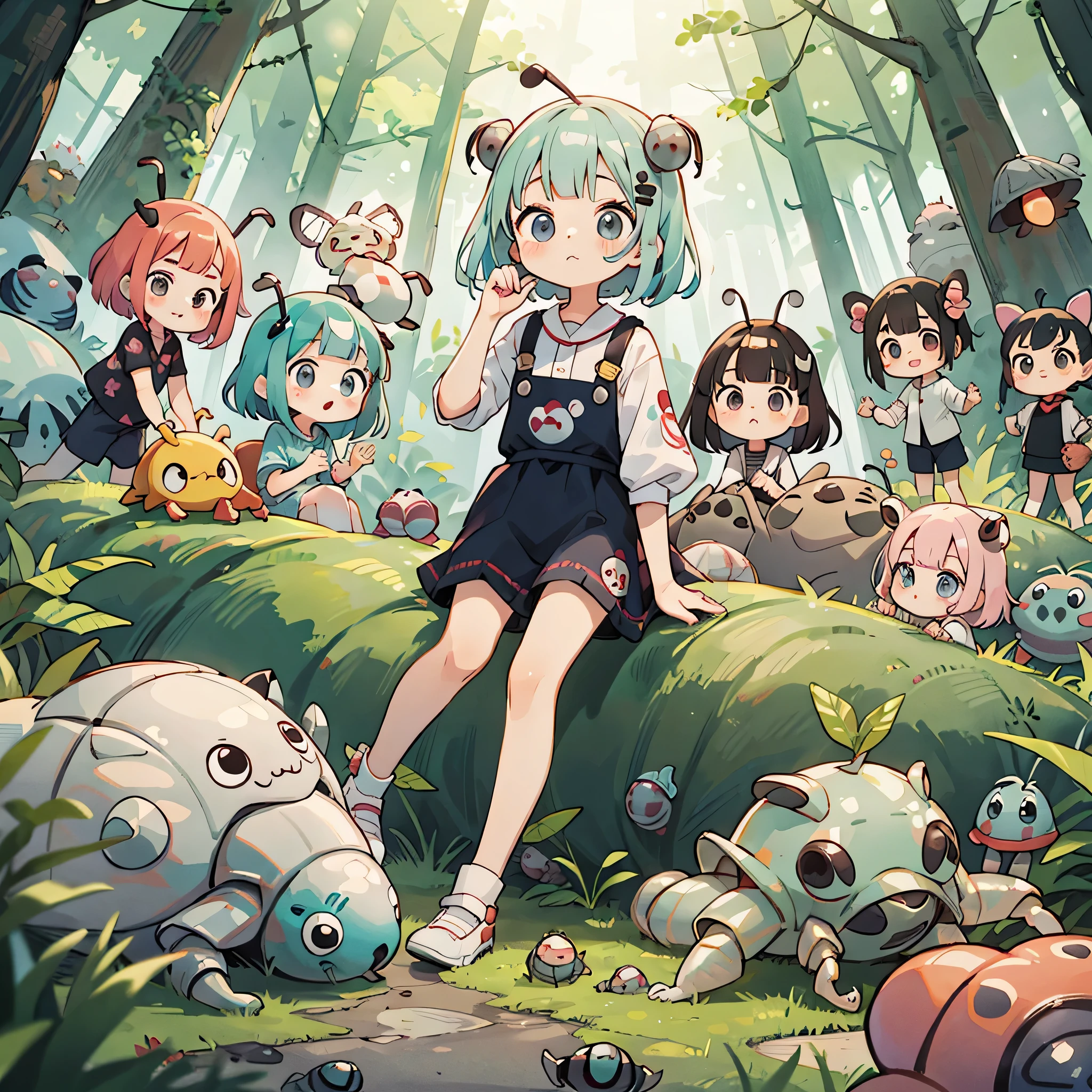 Takashi Murakami style, Kawaii Design, (((10 people)))、most beautiful girl ever、Chibi, Colorful bob hair、((Lots of friends))、(((Cute pillbug)))、Totoro Forest