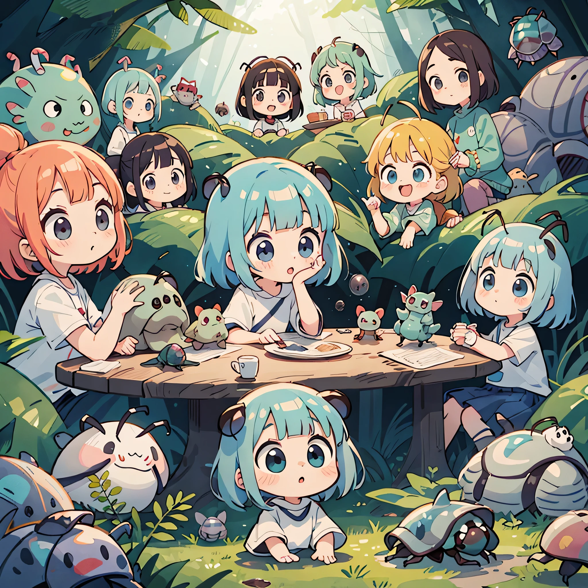 Takashi Murakami style, Kawaii Design, (((10 people)))、most beautiful girl ever、Chibi, Colorful bob hair、((Lots of friends))、(((Cute pillbug)))、Totoro Forest