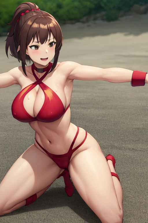 masterpiece, best quality, beautiful art, high resolution, well formed hands, body and fingers, 1 woman, solo, Megumin konosuba,  adult, grown up, big breasted, cleavage full body, gorgeous legs and thighs, wearing a Tyris Flare outfit, sexy and skimpy bikini,  she is doing exercise, warming up, stretching her body, bouncing breasts, sexy  and captivating training, working out, sweating, smiling joyfully and brightly, training montage session, beach environment 