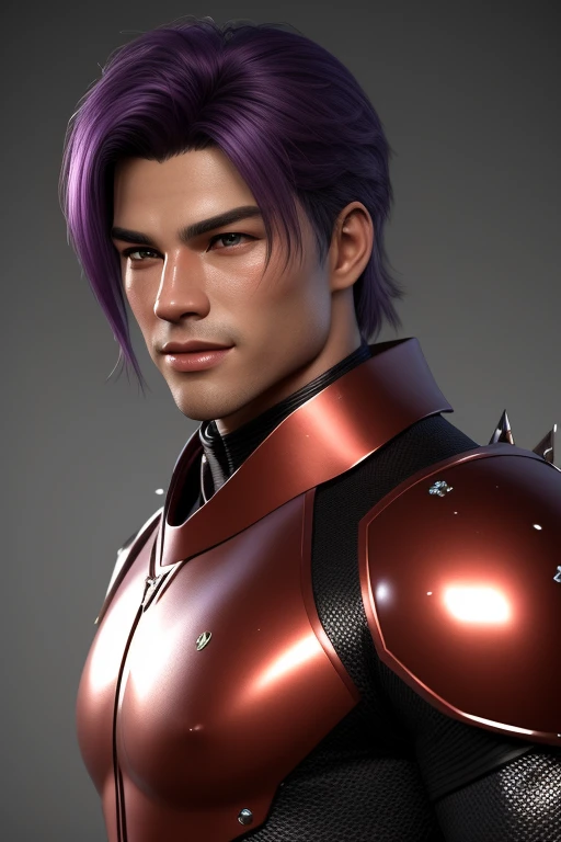 3d HDR photorealistic ultra realism high definition aesthetic stabilized diffusion picture of handsome hunky Warrior Mars , purple hair , red ruby transparent sparkling shiny crystal glass chrome outfit armor,,look at camera, detailed facial parts,, studio as background, Freestyle Pose, Happy Expression, perfect anatomy, symmetric body,, 18 years old, :: high detail, a lean athletic body, realistic, human skin, extremely detailed fingers, chad chin,, masculine, human skin, (eyes contact), gorgeous, Attractiveness
