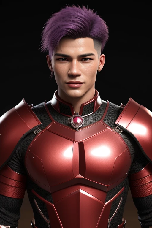  3d HDR  photorealistic ultra realism high definition aesthetic stabilized diffusion picture of handsome hunky Warrior Mars , purple hair , red ruby transparent sparkling shiny crystal glass chrome outfit armor,,look at camera, detailed facial parts,, studio as background, Freestyle Pose, Happy Expression, perfect anatomy, symmetric body,, 18 years old,  :: high detail, a lean athletic body, realistic, human skin, extremely detailed fingers,  chad chin,, masculine, human skin, (eyes contact), gorgeous, Attractiveness