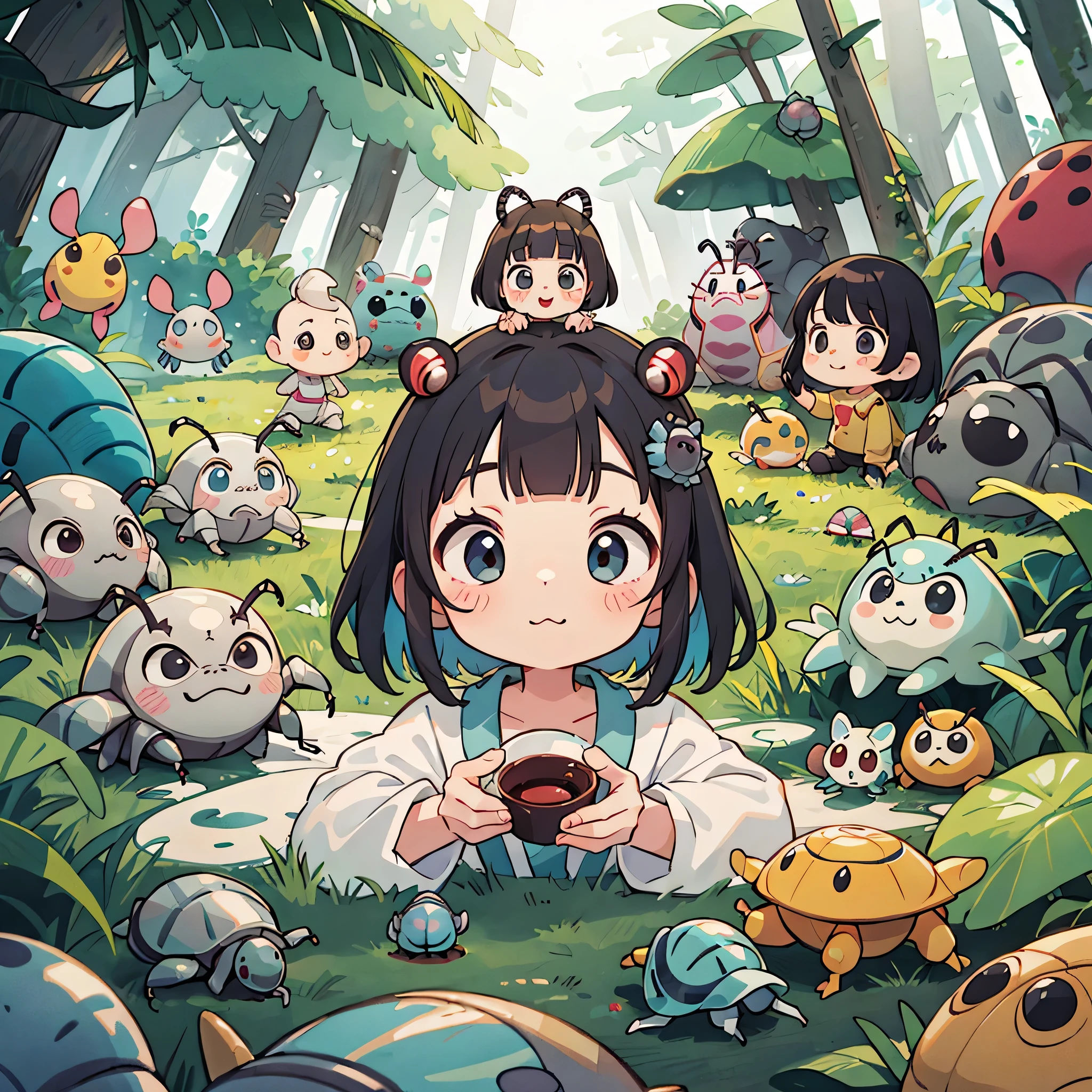 Takashi Murakami style, Kawaii Design, (((10 people)))、most beautiful girl ever、Chibi, Colorful bob hair、((Lots of friends))、(((Cute pillbug)))、Totoro Forest