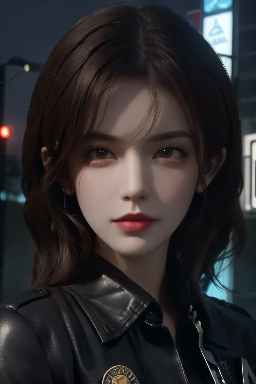 Portrait of natlp as a beautiful female model, georgia fowler, beautiful face, with short dark brown hair, in cyberpunk city at night. She is wearing a leather jacket, black jeans, dramatic lighting, (police badge:1.2)