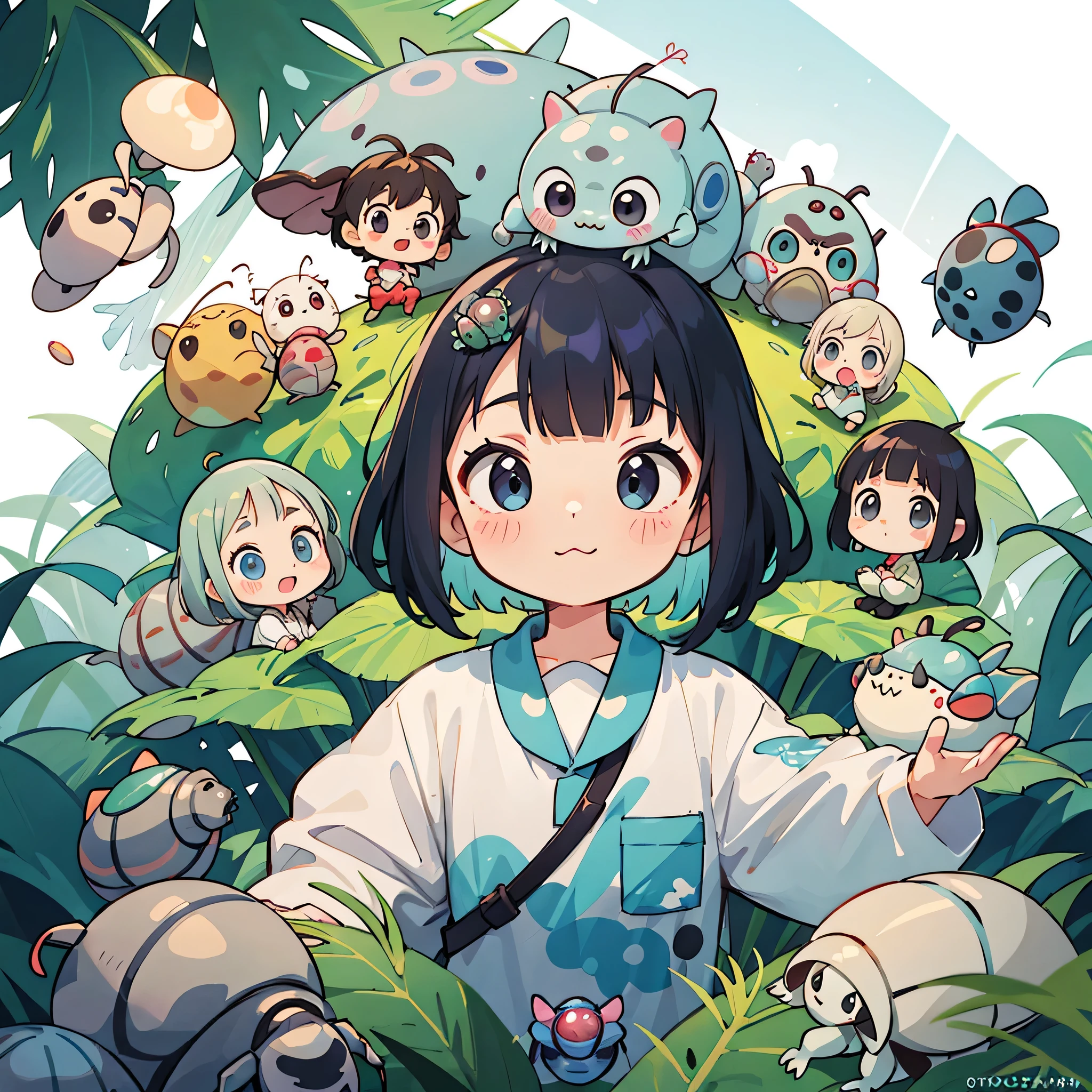 Takashi Murakami style, Kawaii Design, (((10 people)))、most beautiful girl ever、Chibi, Colorful bob hair、((Lots of friends))、(((Cute pillbug)))、Totoro Forest
