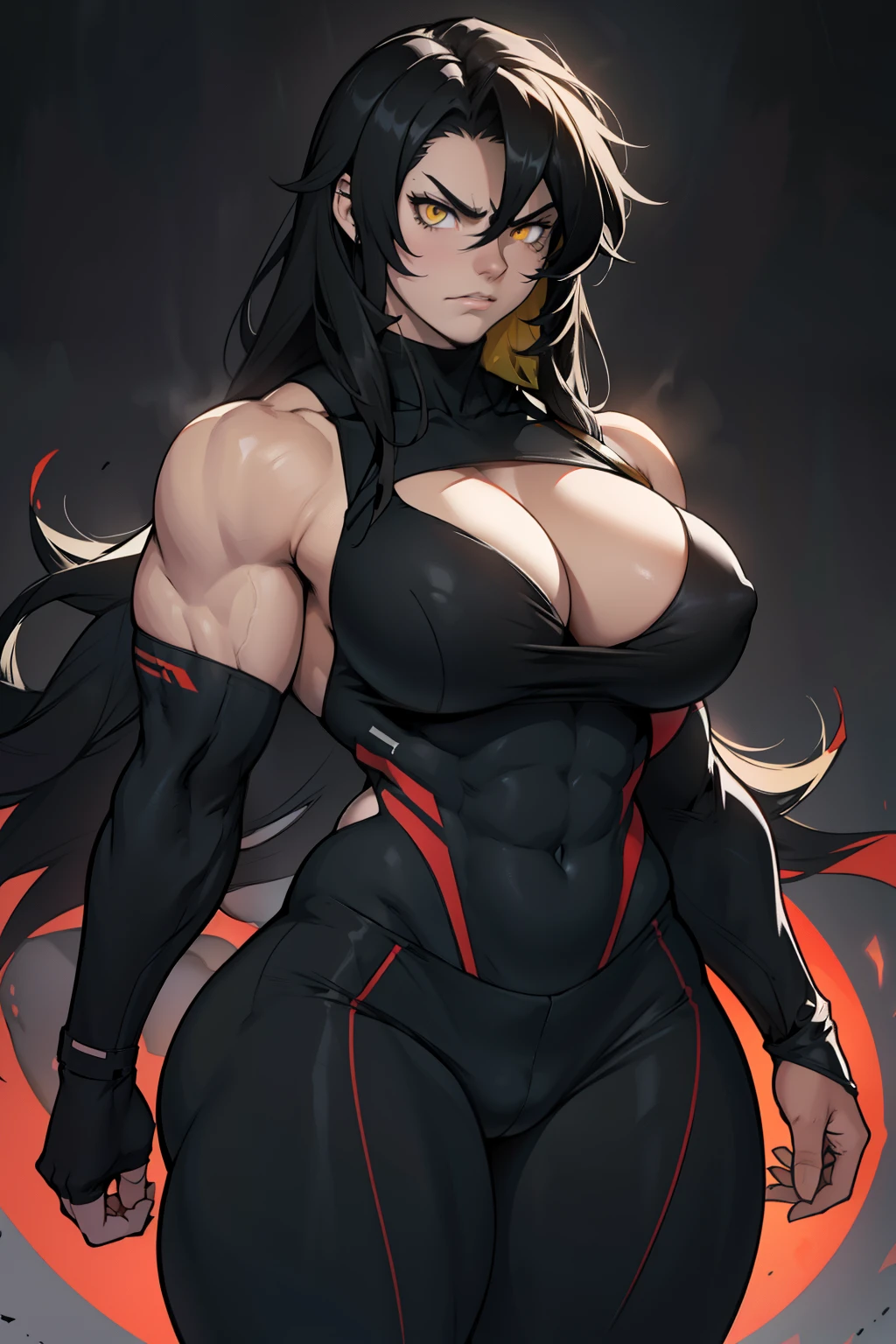 (bodybuilder) pale skin yellow eyes black hair very long hair 1girl huge breasts dark atmosphere thick thighs grey background tight clothes angry