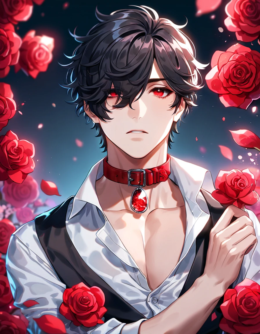 (absurdres, highres, ultra detailed, HDR), masterpiece, best quality, Louis, somewhat untamed black hair, hair over the right eye, expressive red eyes, Code Vein, solo, sexy man, handsome, white shirt with rolled-up sleeves, with the collar unbuttoned; over this, he wears a vest that gradually fades from red to black, red roses, magical, fantasy, glittering red fireflies, red garden, red petals