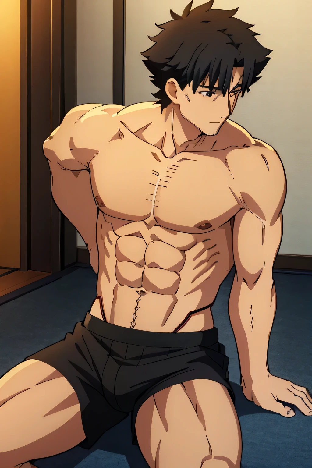 Kiritsugu is sitting and flexing his biceps and abs. He wears black short boxershorts. You can see his thighs. He is admiring his muscles. He has bulging veins on his arms. He wears a black tshirt with short sleeves. His right sleeve is completely rolled up so you can see his entire arm and shoulder. He is showing his abs too.