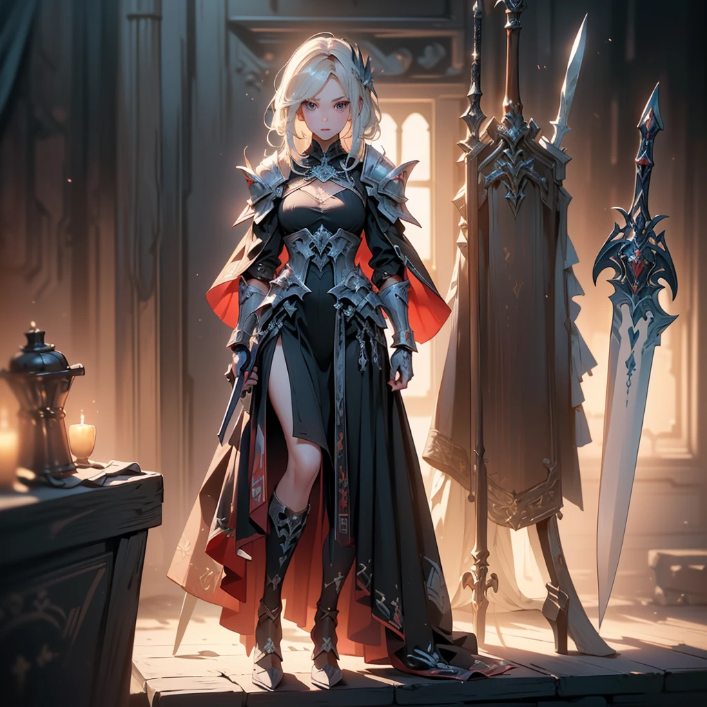 Design a layout showcase Gaming character, (1girl). Red+Black clothes, stylish and unique, ((showcase weapon:1.4)), flaming sword, (masterpiece:1.2), (best quality), 4k, ultra-detailed, (Step by step design, layout art:1.5), (luminous lighting, atmospheric lighting), demon, ((glove full hands)), (((revealing clothes:1.3))), vambraces, armored legwear, (((full_body_shot:1.4))).