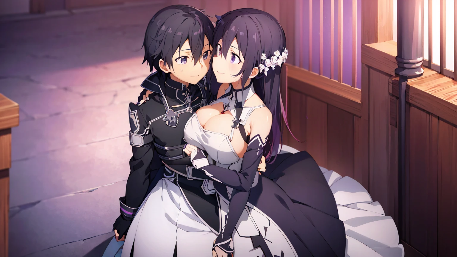 Kirito and Asuna black wedding dress black skin purple eyes blushing smile tears two people standing at the wedding ceremony looking at each other kissing, big breasts breast enlargement breasts pumped up