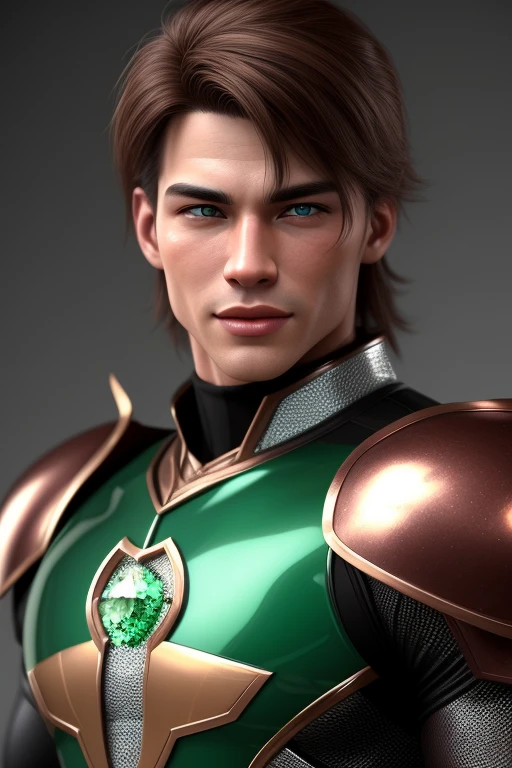 3d HDR photorealistic ultra realism high definition aesthetic stabilized diffusion picture of handsome hunky Warrior Jupiter , brown hair , green emerald transparent sparkling shiny crystal glass chrome outfit armor,,look at camera, detailed facial parts,, studio as background, Freestyle Pose, Happy Expression, perfect anatomy, symmetric body,, 18 years old, :: high detail, a lean athletic body, realistic, human skin, extremely detailed fingers, chad chin,, masculine, human skin, (eyes contact), gorgeous, Attractiveness