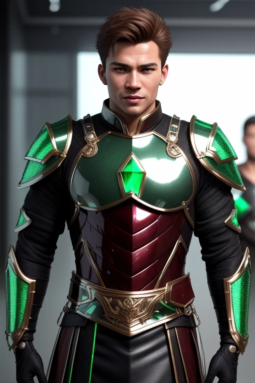 3d HDR  photorealistic ultra realism high definition aesthetic stabilized diffusion picture of handsome hunky Warrior Jupiter , brown hair , green emerald transparent sparkling shiny crystal glass chrome outfit armor,,look at camera, detailed facial parts,, studio as background, Freestyle Pose, Happy Expression, perfect anatomy, symmetric body,, 18 years old,  :: high detail, a lean athletic body, realistic, human skin, extremely detailed fingers,  chad chin,, masculine, human skin, (eyes contact), gorgeous, Attractiveness