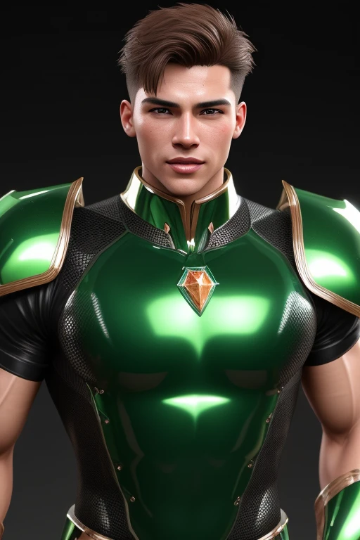 3d HDR photorealistic ultra realism high definition aesthetic stabilized diffusion picture of handsome hunky Warrior Jupiter , brown hair , green emerald transparent sparkling shiny crystal glass chrome outfit armor,,look at camera, detailed facial parts,, studio as background, Freestyle Pose, Happy Expression, perfect anatomy, symmetric body,, 18 years old, :: high detail, a lean athletic body, realistic, human skin, extremely detailed fingers, chad chin,, masculine, human skin, (eyes contact), gorgeous, Attractiveness