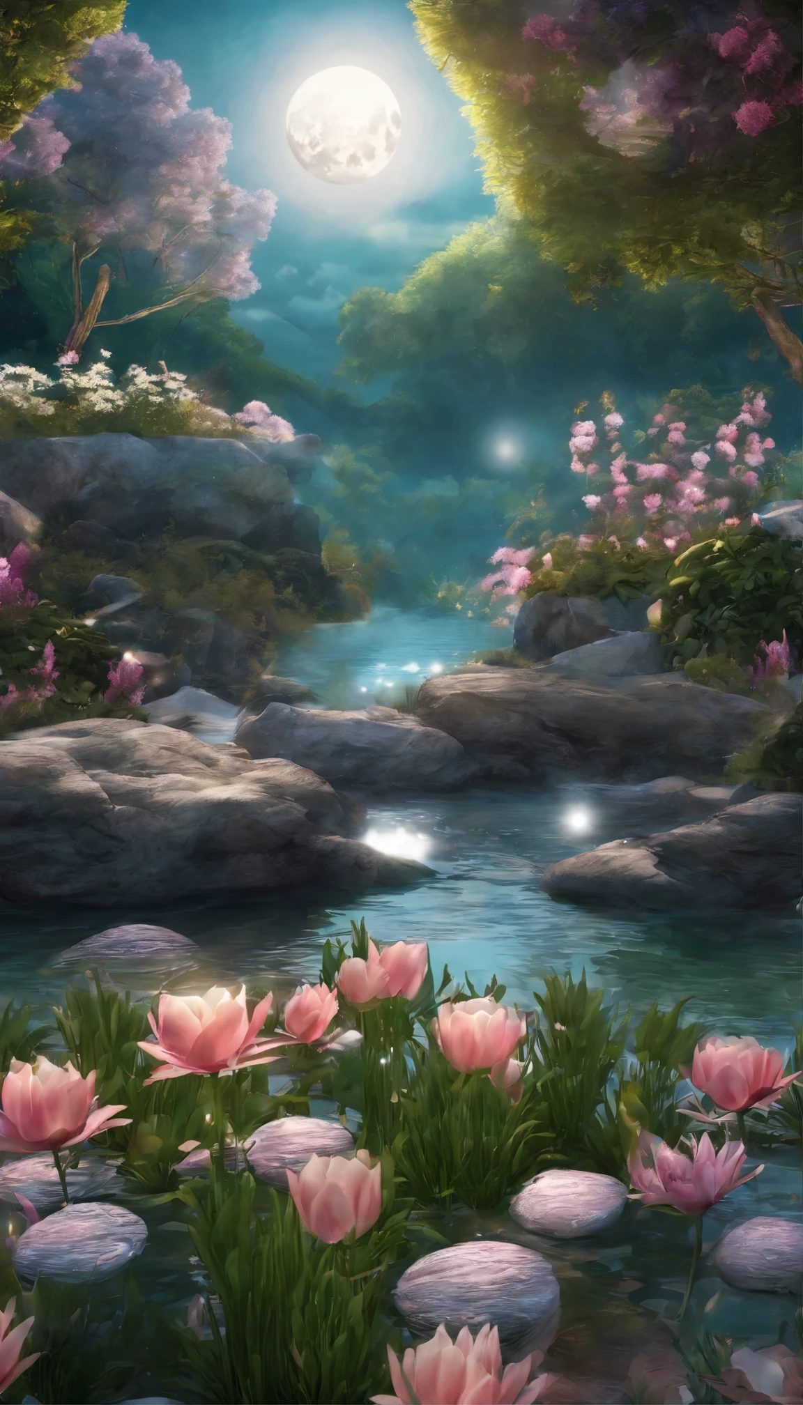 super moon,moonlit night,(Masterpiece, Best quality, High quality, A high resolution:1.4), Extremely detailed, ambient soft lighting, 4K, Outdoors, Nature, forest, green trees, Grass, a plant, Flowers, River, Caustics, water flow, Ripples, (waterfallr:1.2), pond, jungles, dense foliage, fern, fantastic scenery, transparency, angles looking up from below, various jewels falling from the sky, wonderful and beautiful superb view, slightly hazy, fantastic, high resolution, 8K, (best quality, highres, realistic:1.37), shiny metallic flowers, intricate and delicate petals, reflective surfaces, vibrant colors, intricate details, close-up view, surreal garden, surreal beauty, dreamy atmosphere, fine art, abstract botanicals, metallic sculpture, contrasting textures, ethereal glow,moonlit night