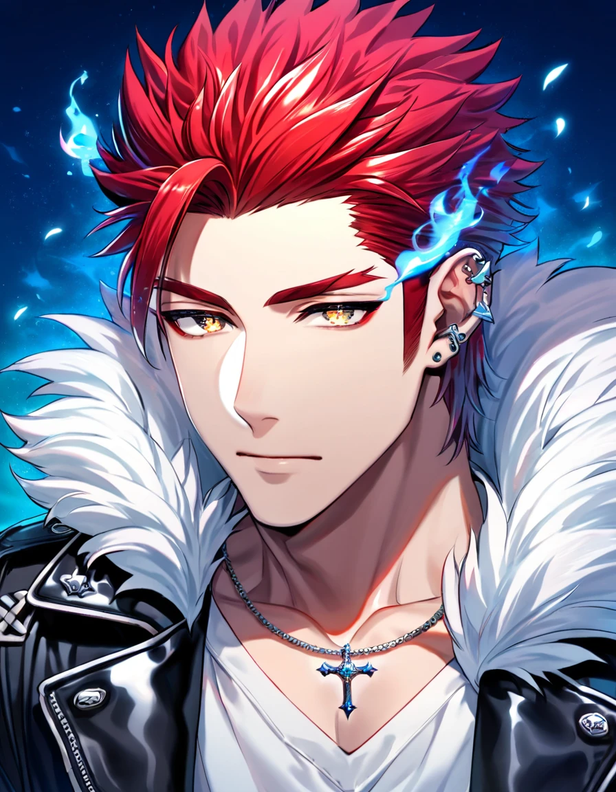 Ultra detailed, Highres, absurdres, HDR, Suoh Mikoto, red hair is kept short ruffled and spiked with two strands of hair near the opposite sides of his head falling over his face as well as distinct sideburns, K, expressive golden eyes, black leather jacket with a fur collar and a white V-neck underneath, silver ring, a star-shaped necklace, a piercing in his left ear, blue flowers, petals, extremely handsome, sexy man, solo, very detailed eyes and face, master piece, glittering, fantasy, cross, blue background, blue flames, perfect features, blue pants,