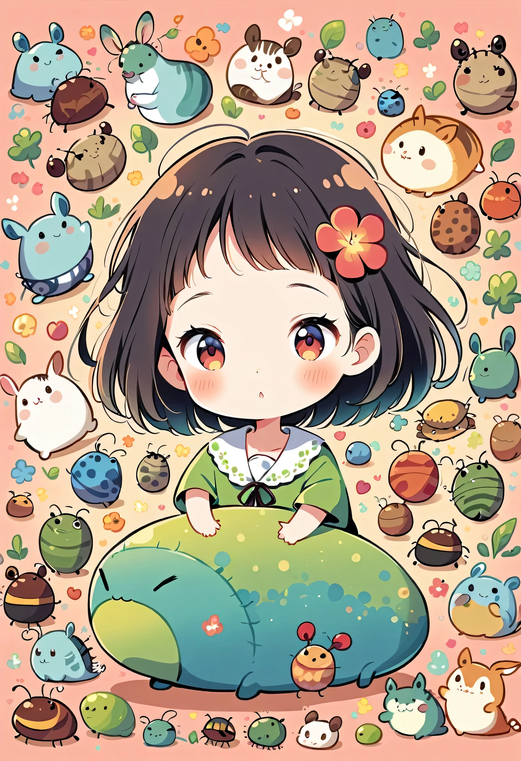 hayao miyazaki style, Kawaii Design, (((10 people)))、most beautiful girl ever、Chibi, Colorful bob hair、((Lots of friends))、(((Cute pillbug)))、Totoro Forest